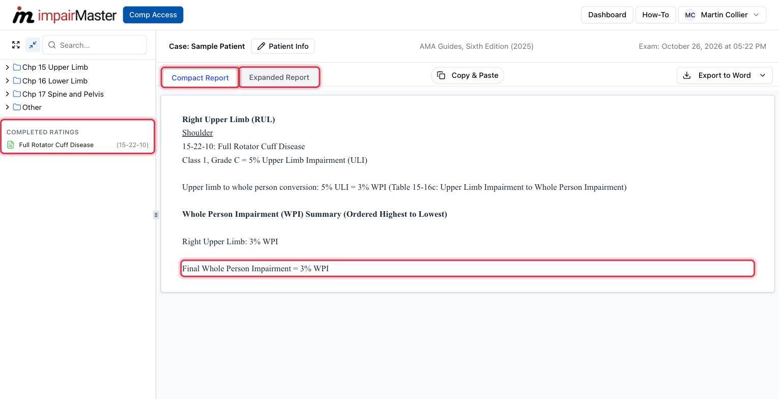 The Compact Report, with the saved rating listed under Completed Ratings.
