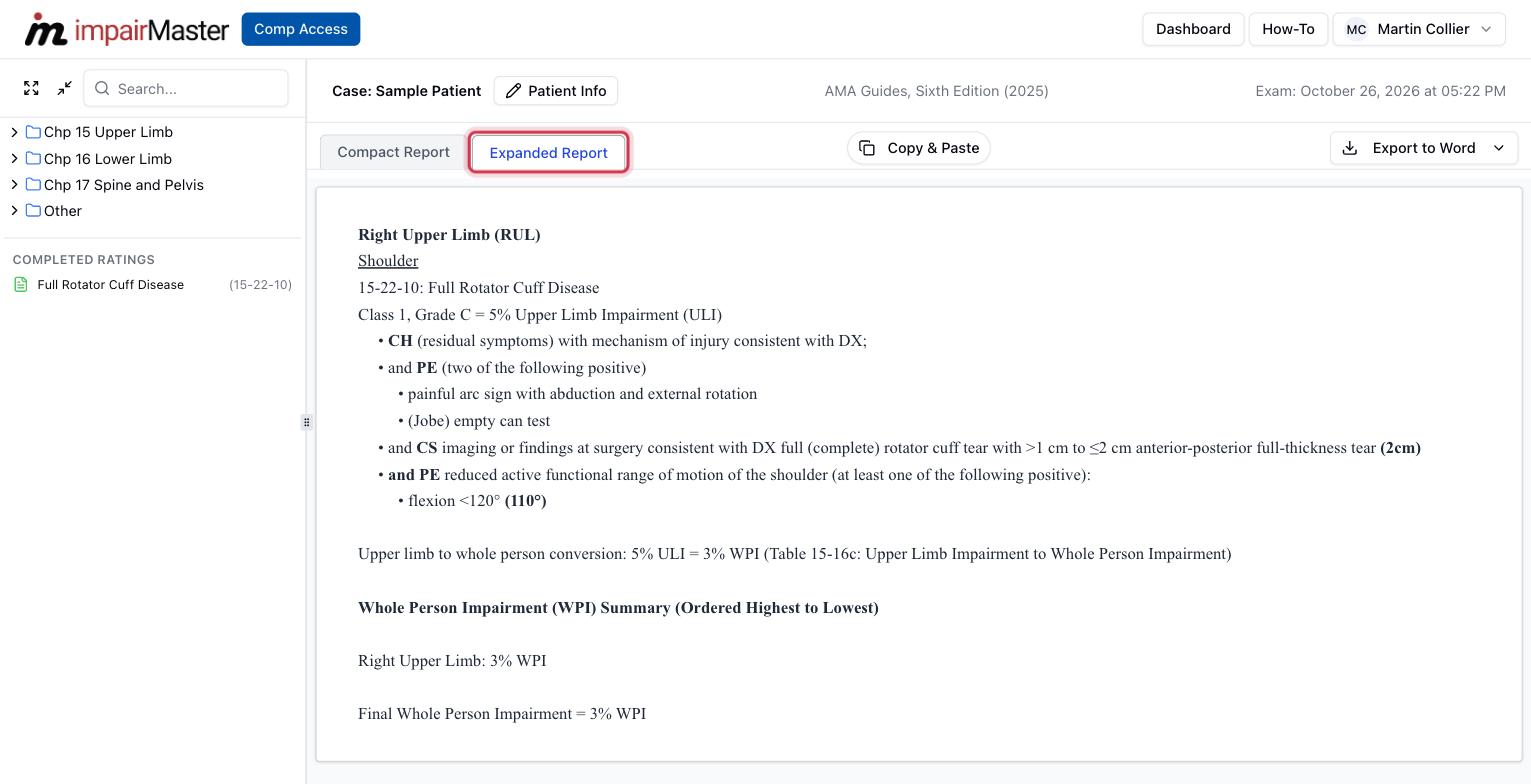 The Expanded Report shows the criteria that support each rating.