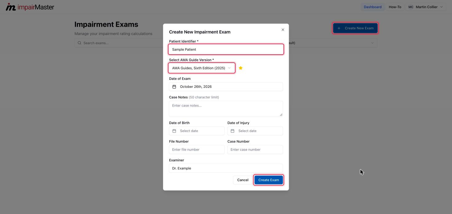 The Create New Impairment Exam dialog. Patient Identifier and AMA Guide Version are the only required fields.