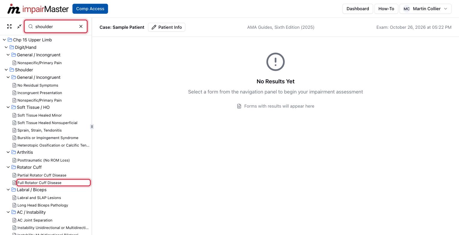 Searching "shoulder" filters the tree. Click the condition to open its form.