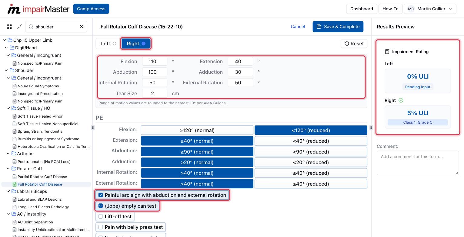 Range of motion, PE findings, and the live Results Preview: Right 5% ULI, Class 1, Grade C.
