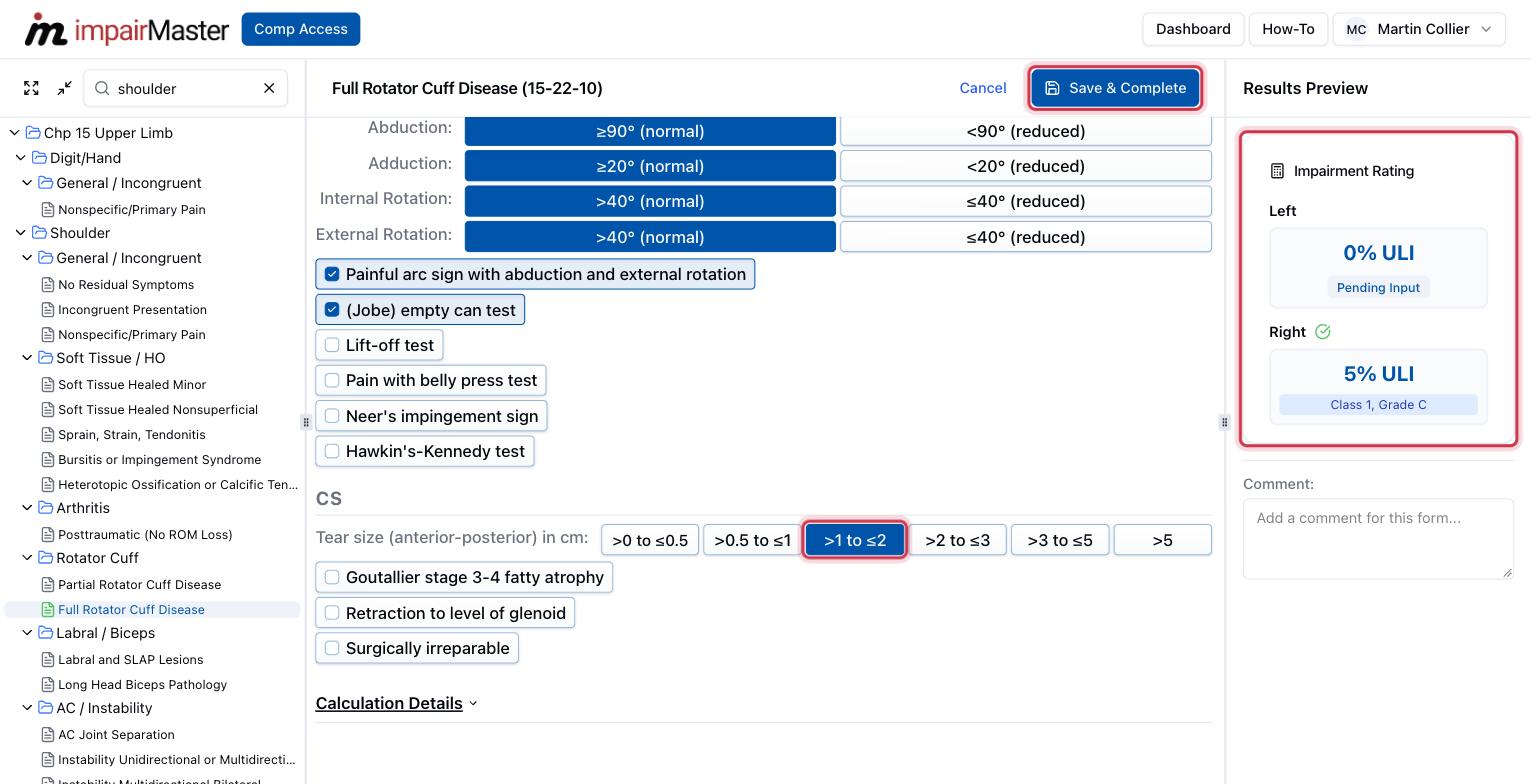Select the clinical study findings, confirm the result, then click Save & Complete.